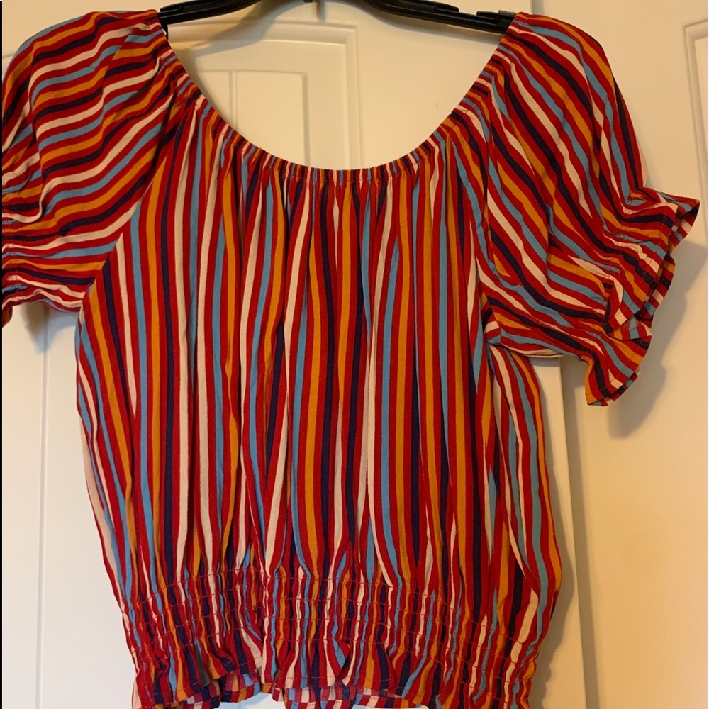 cropped striped off the shoulder top